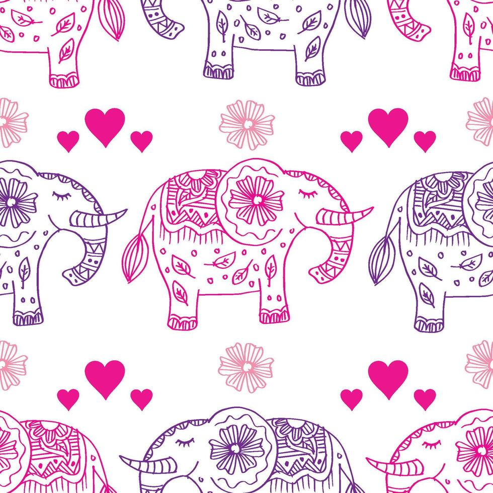 Seamless pattern with cute elephants and hearts. vector