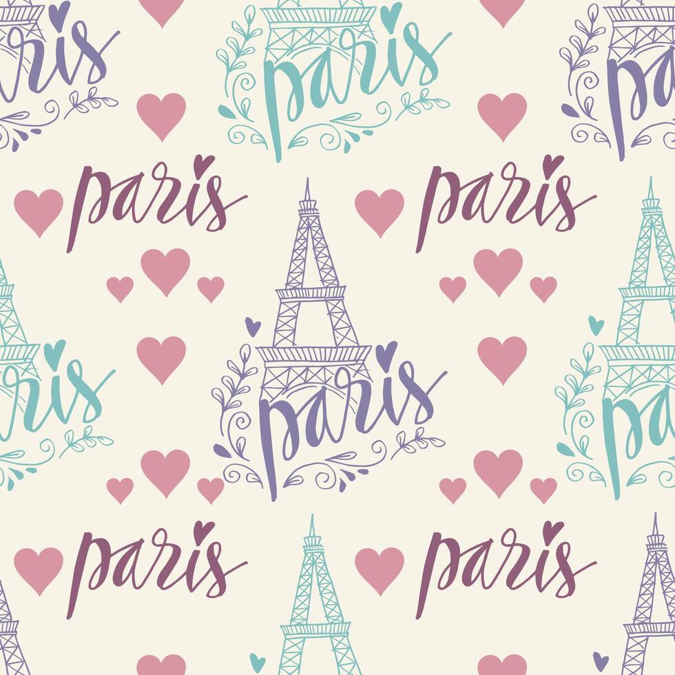 Paris seamless pattern with Eiffel tower and hearts. vector