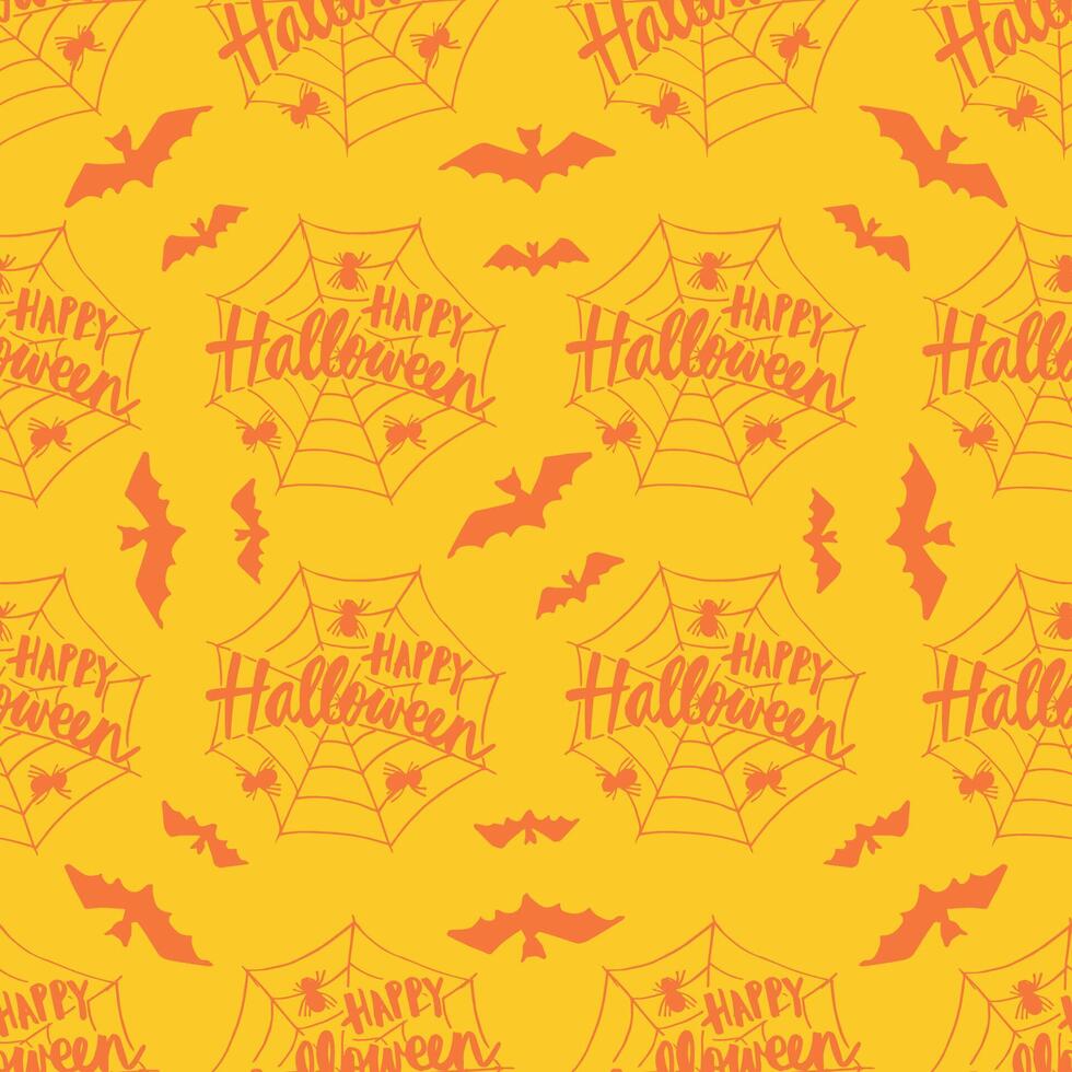 Halloween seamless pattern with bats and spiders on yellow background. vector