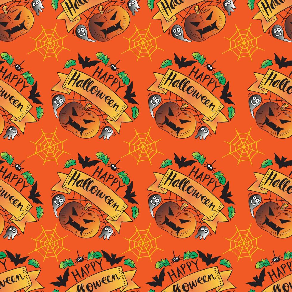 Halloween seamless pattern with pumpkins, bats and spiders on orange background. vector