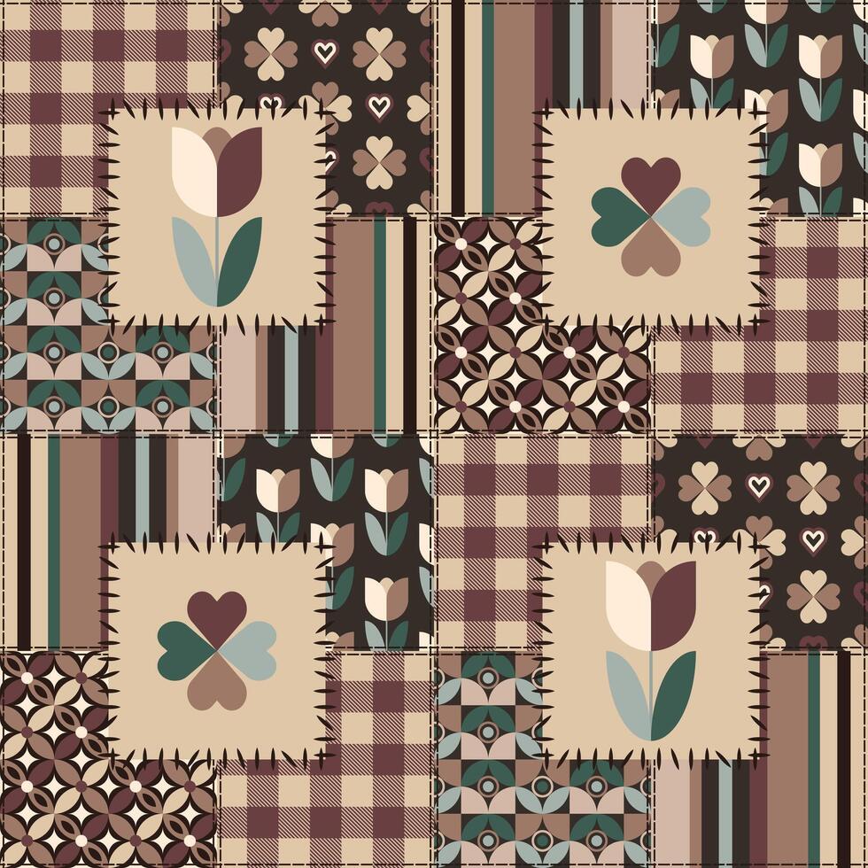 Romantic Floral Minimalist Geometric Mid Mod Patchwork Seamless Pattern vector