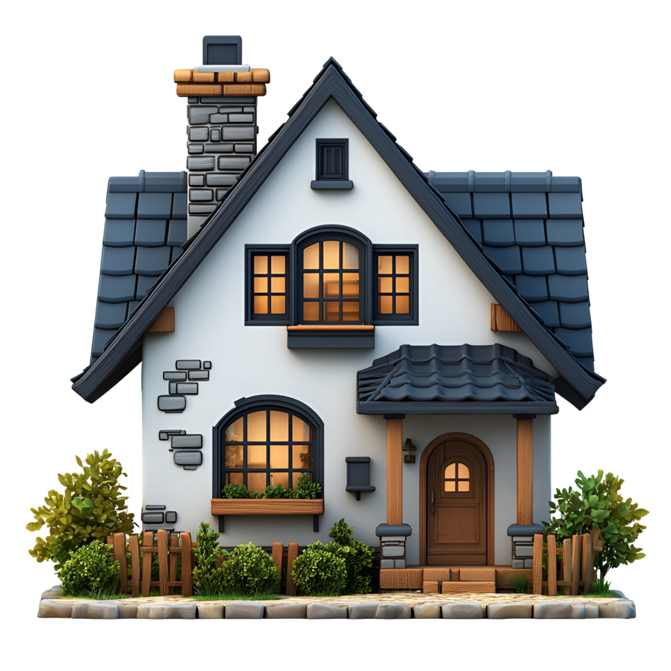 Charming Residential House with Stone Accents and Warm Lights Surrounded by Lush Greenery on a Transparent Background png