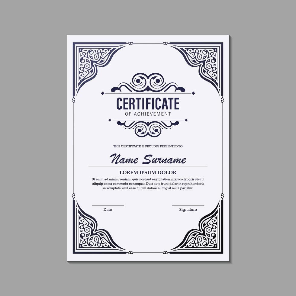 Elegant certificate template with decorative ornaments, flourishes, and an ornate frame. vector