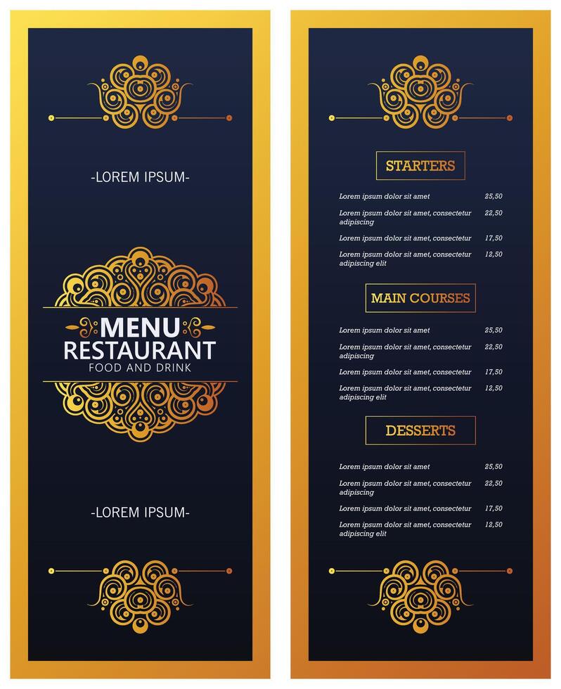 elegant restaurant menu template design in golden ornamental style vector