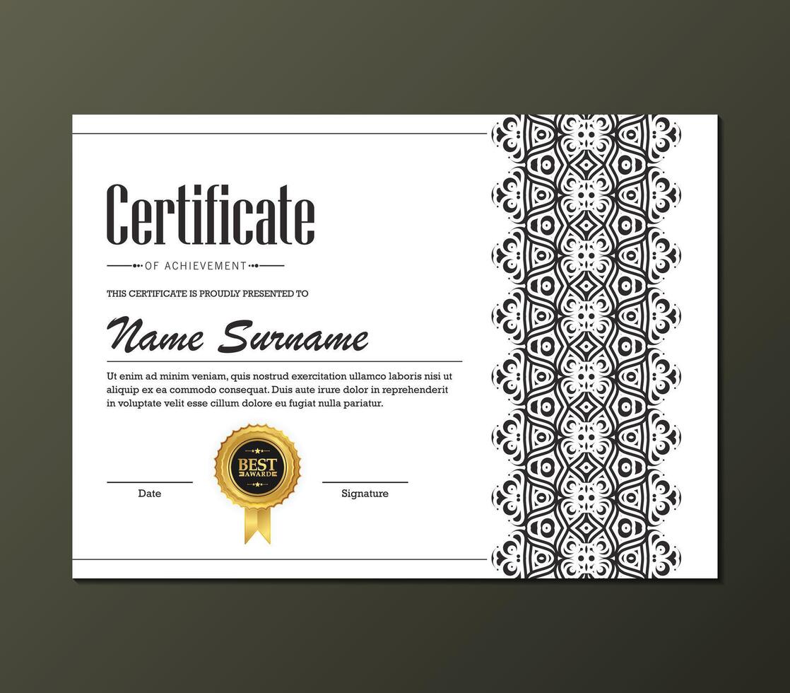Ornament Certificate of Achievement Template with Black and White Style vector