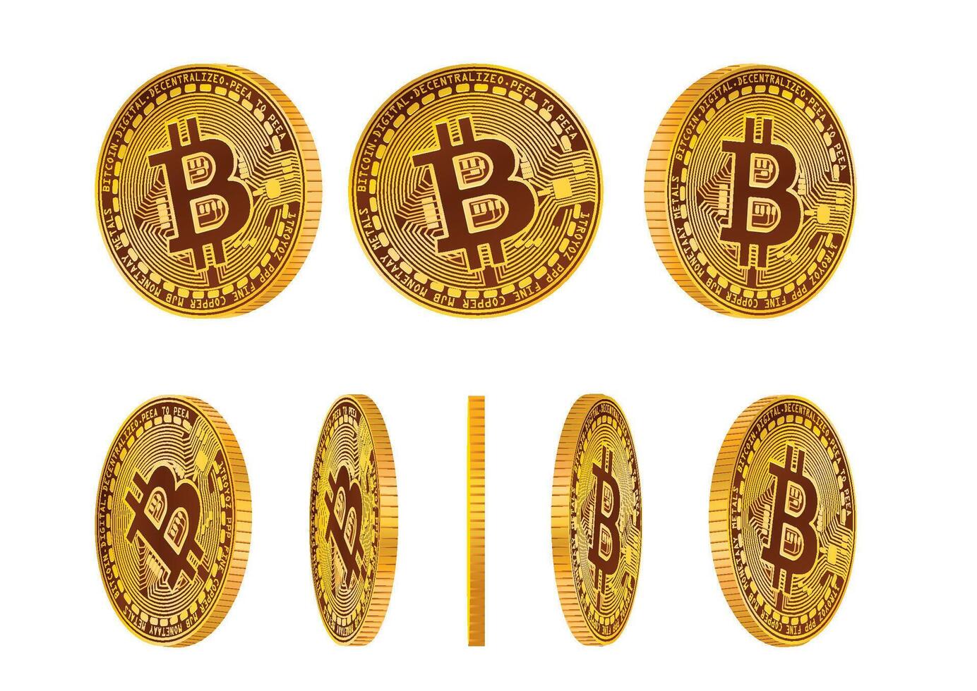Various angles of Bitcoin coins showcasing digital currency design and intricacies in a 3D style for financial representation. vector