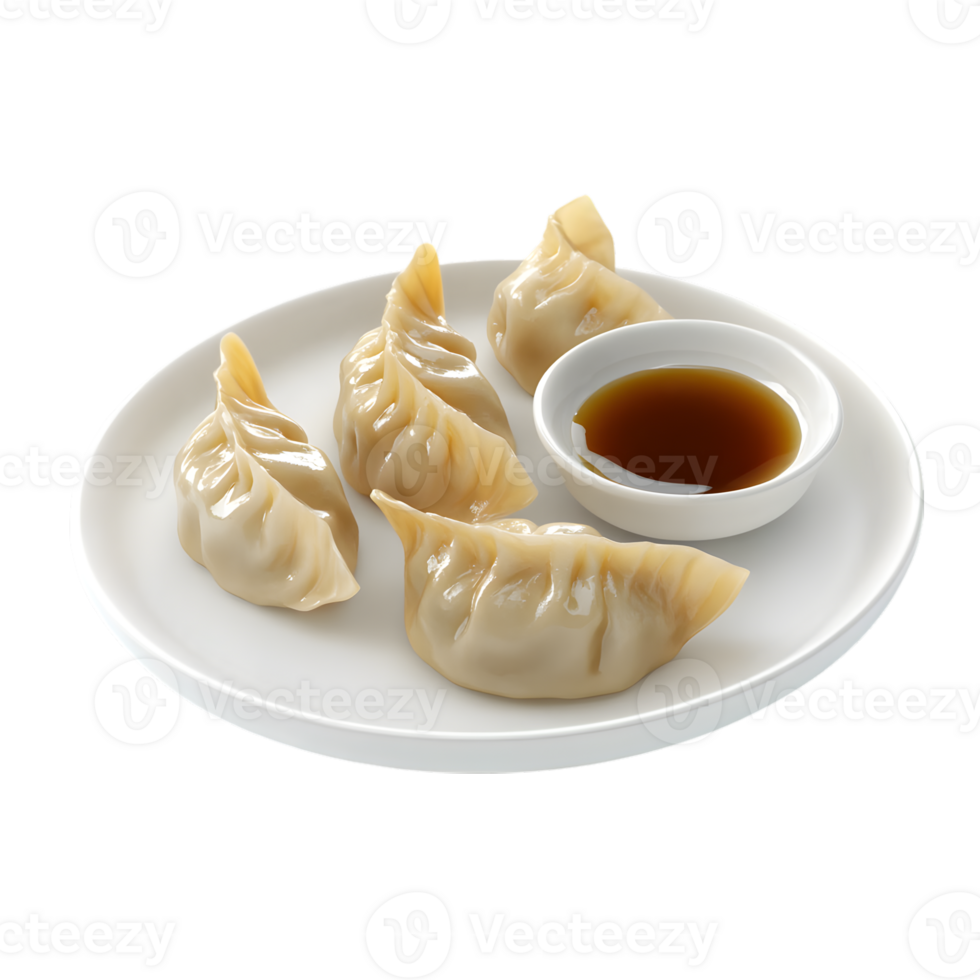 A plate of steaming dumplings with dipping sauce. png