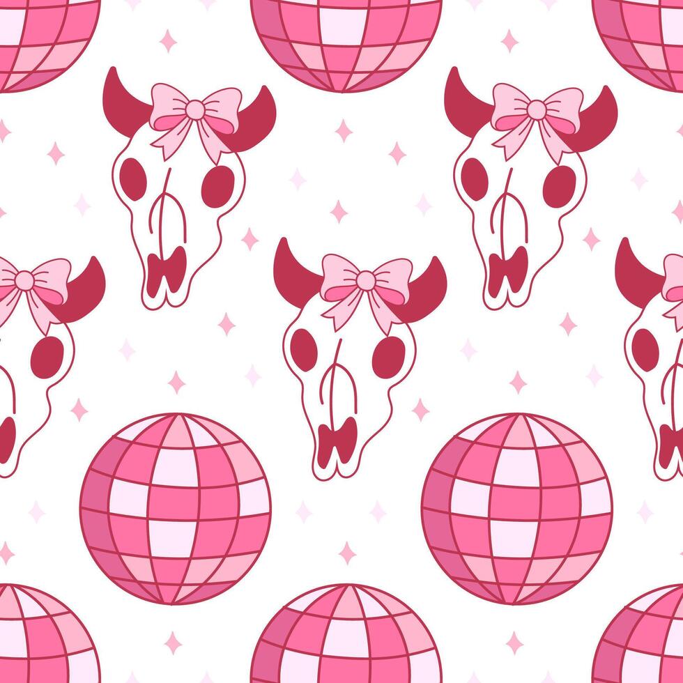 Pink Disco Ball and Cow Skull Pattern seamless vector