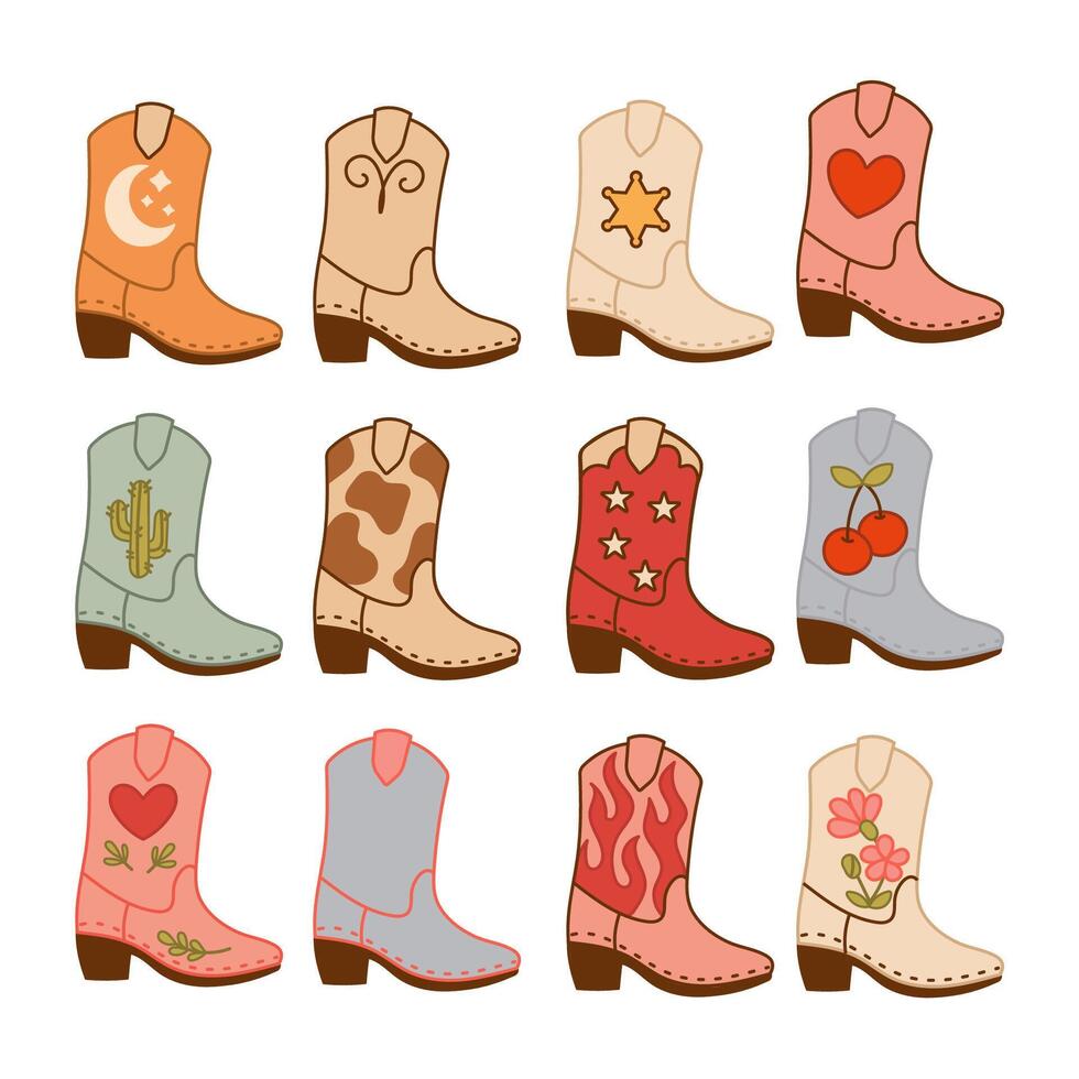 Collection of Cute Western Cowboy Boots with Playful Motifs vector