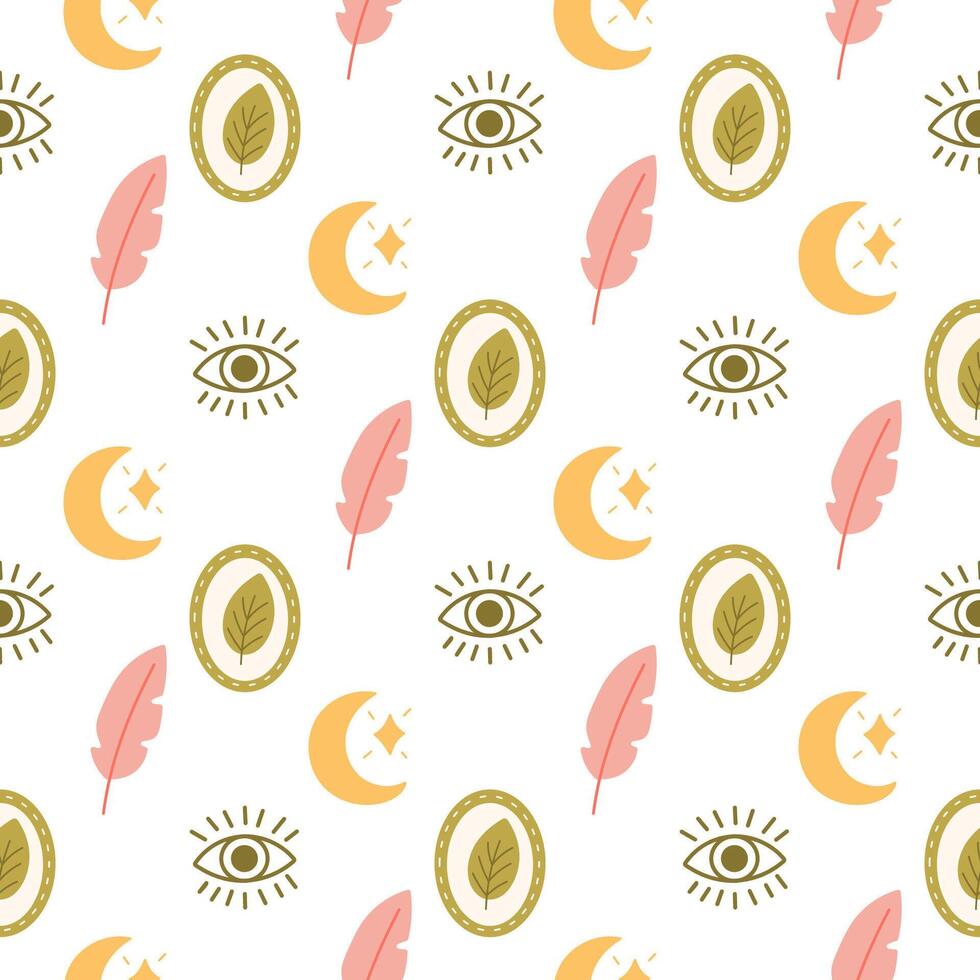 Bohemian Seamless Pattern with Feathers, Moons, Eyes vector