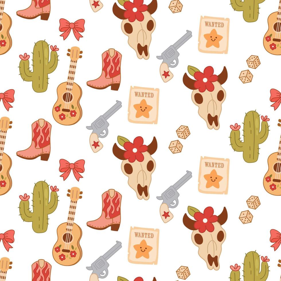 Playful Western Pattern with Cacti, Skulls, Boots, and Guitars vector