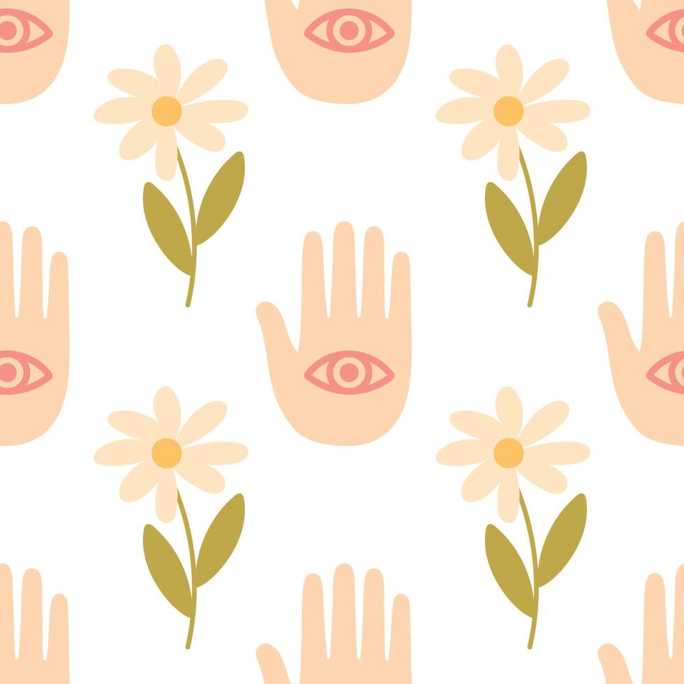 Seamless Pattern with Eyes in Hands and Daisies vector