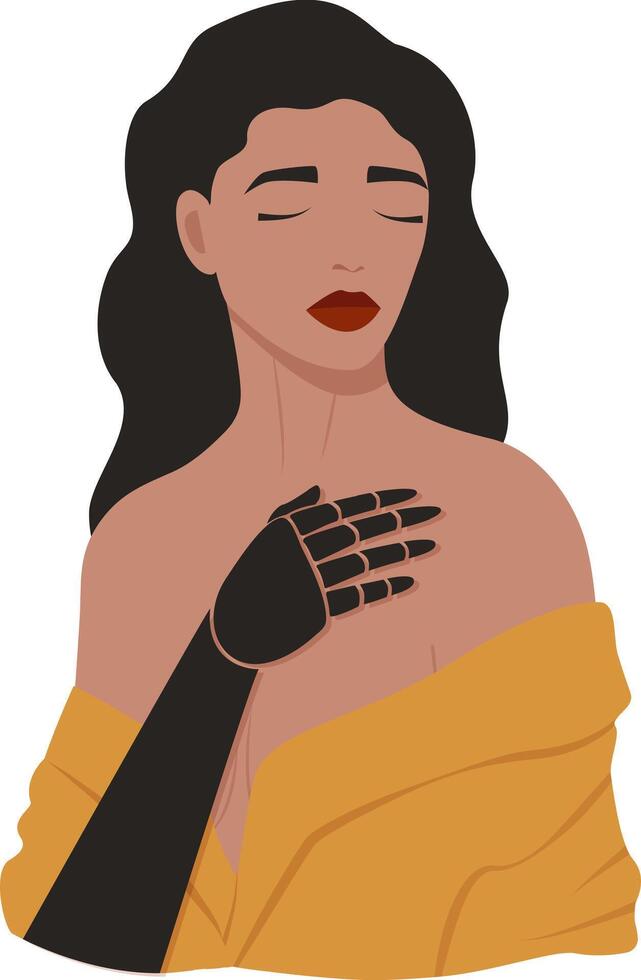 Woman character showing power strength of new bionic arms prosthesis. Happy disabled girl vector