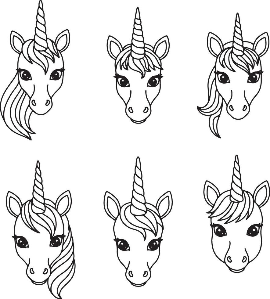 Magical unicorn heads bundle icons collection with fantasy style illustrations vector
