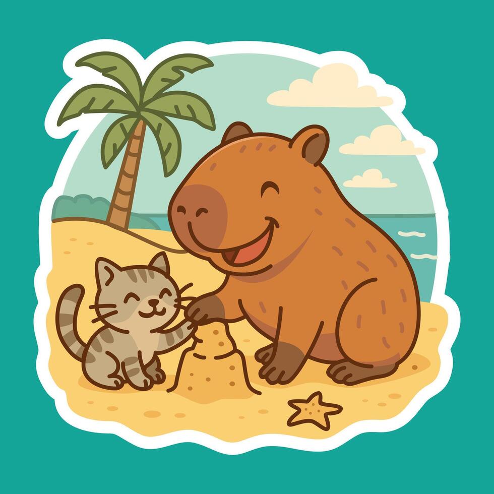 Capybara and Cat Building Sandcastle on the Beach vector