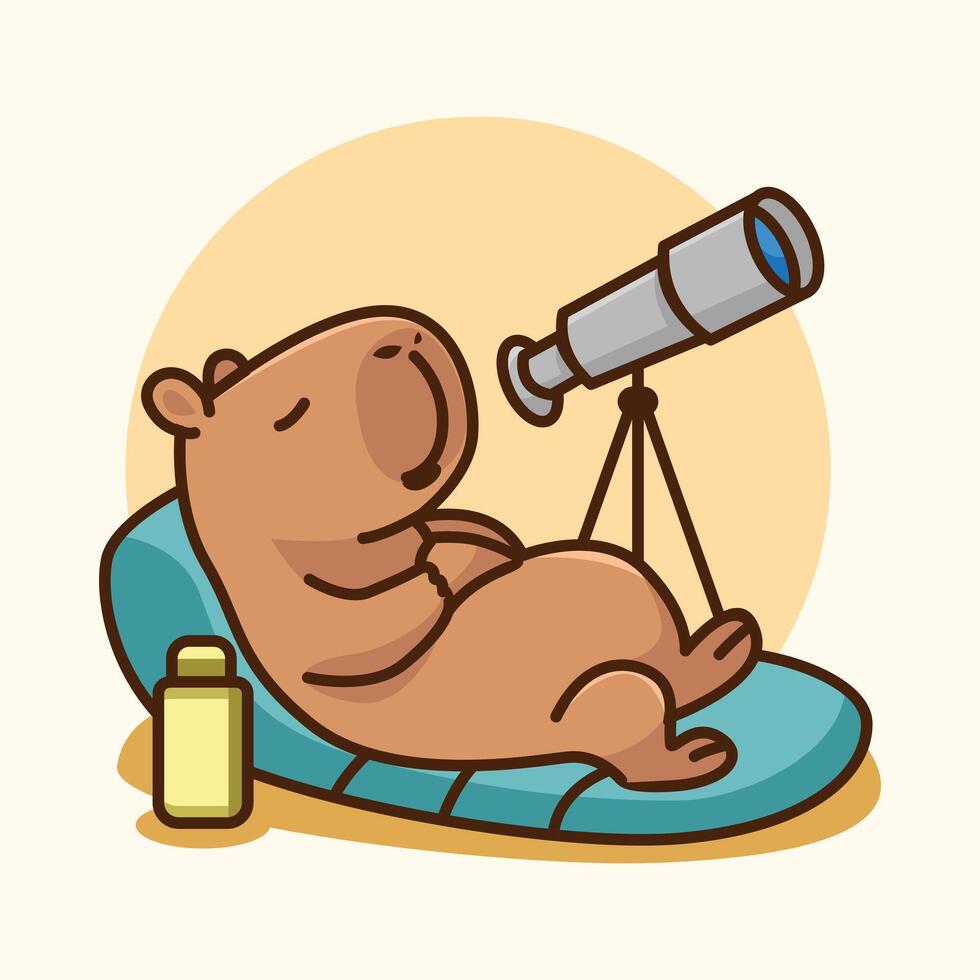 Capybara relaxing with a telescope watching the stars vector