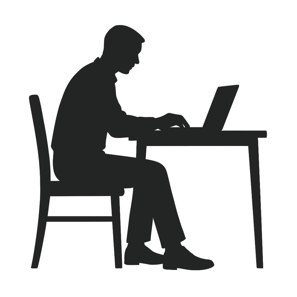 Silhouette of a man working on a laptop computer at a desk vector