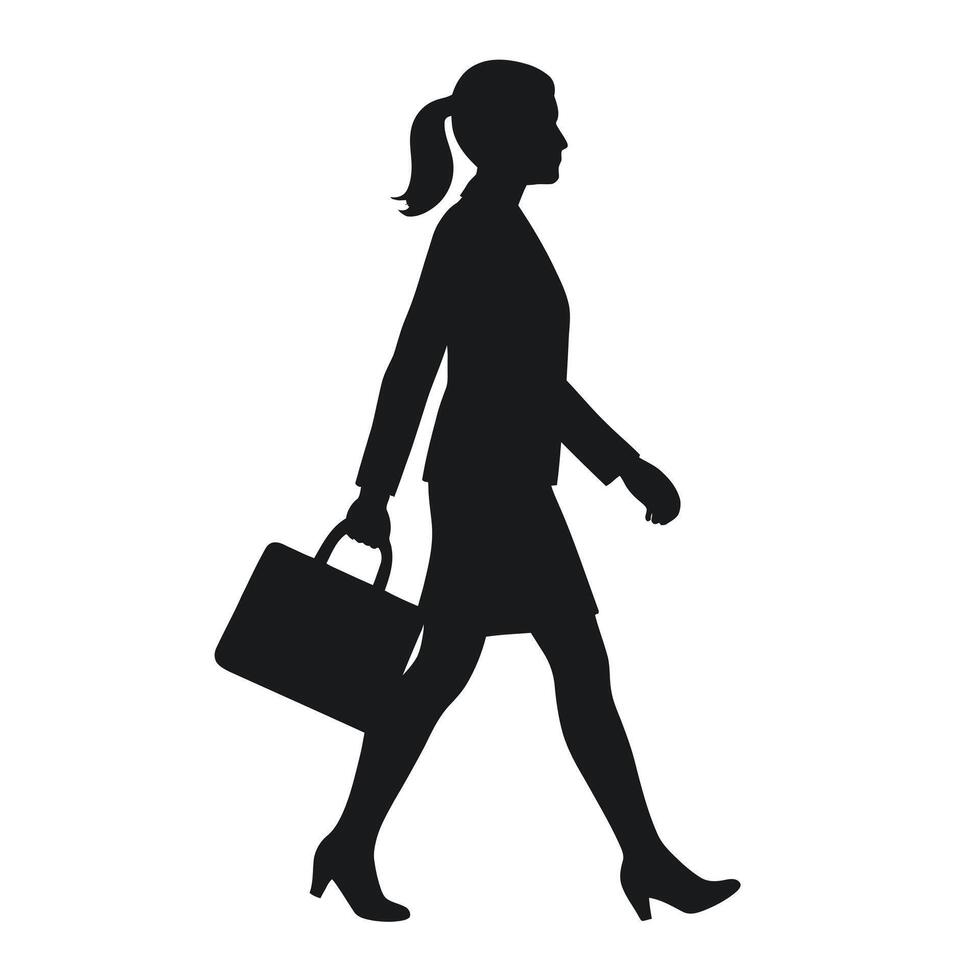 Silhouette of a businesswoman walking with briefcase isolated on white background vector