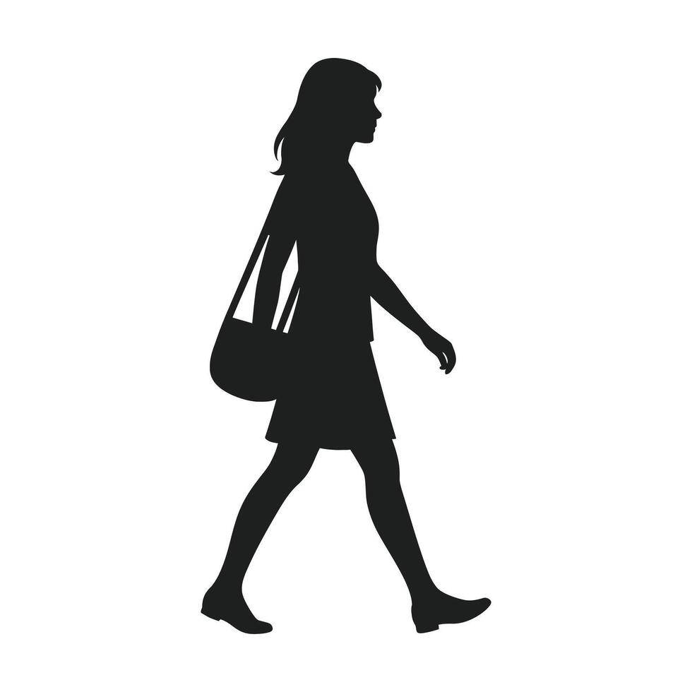Silhouette of a woman walking with bag on shoulder isolated on white background vector