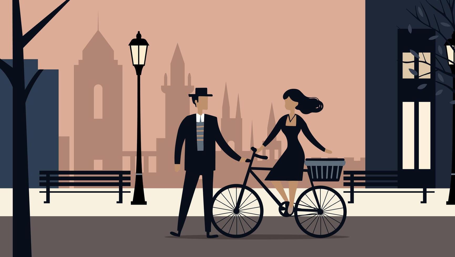 A man standing and a woman sitting on a bicycle. Minimalist flat illustration of a romantic scene. City background. vector