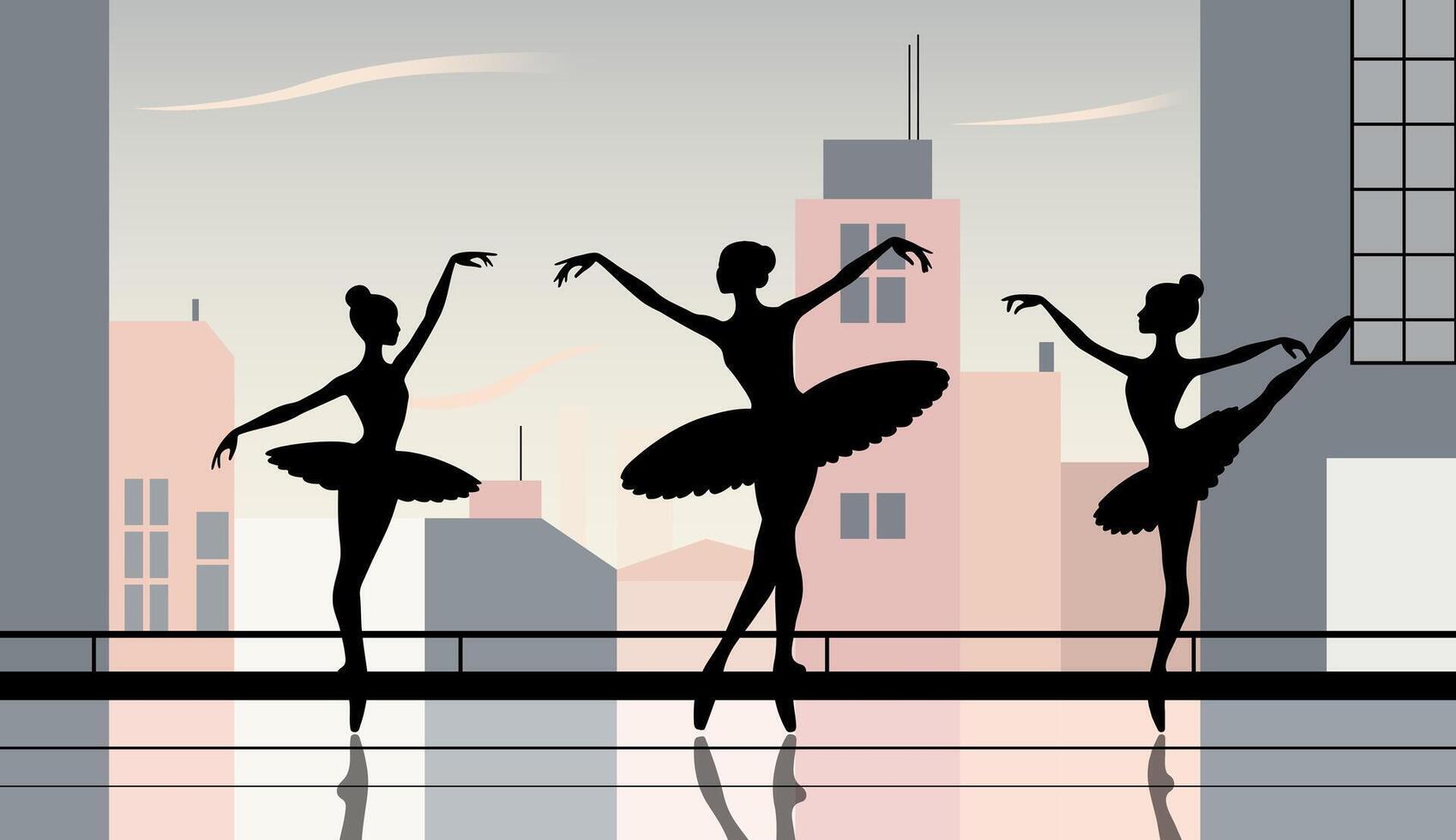 Minimalist illustration of ballet dancers in silhouette. Ballerinas in dynamic, elegant poses. Modern urban scene vector