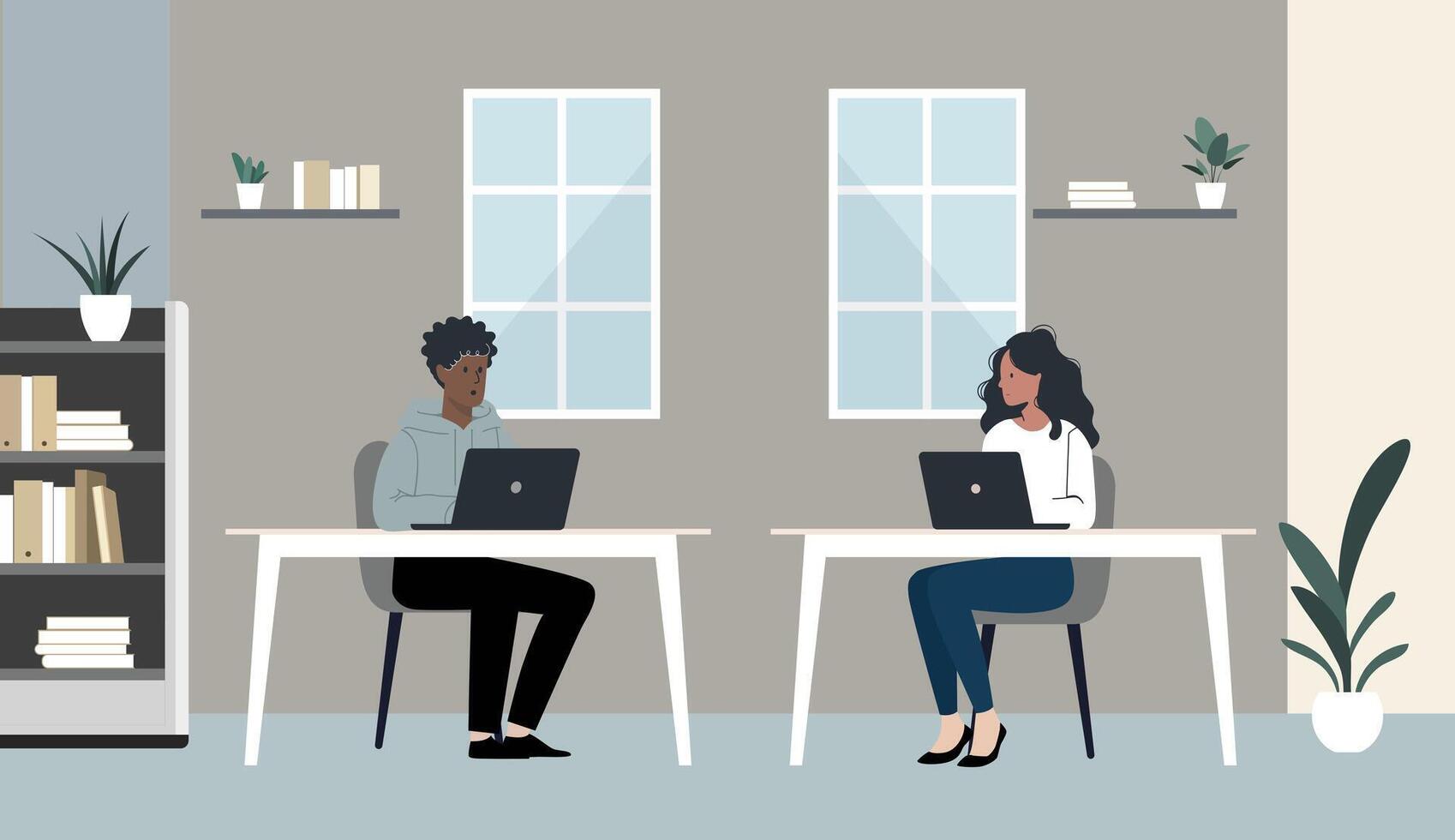 Simple office environment. Minimalist flat illustration of a man and a woman working on laptops. Professional mood. vector