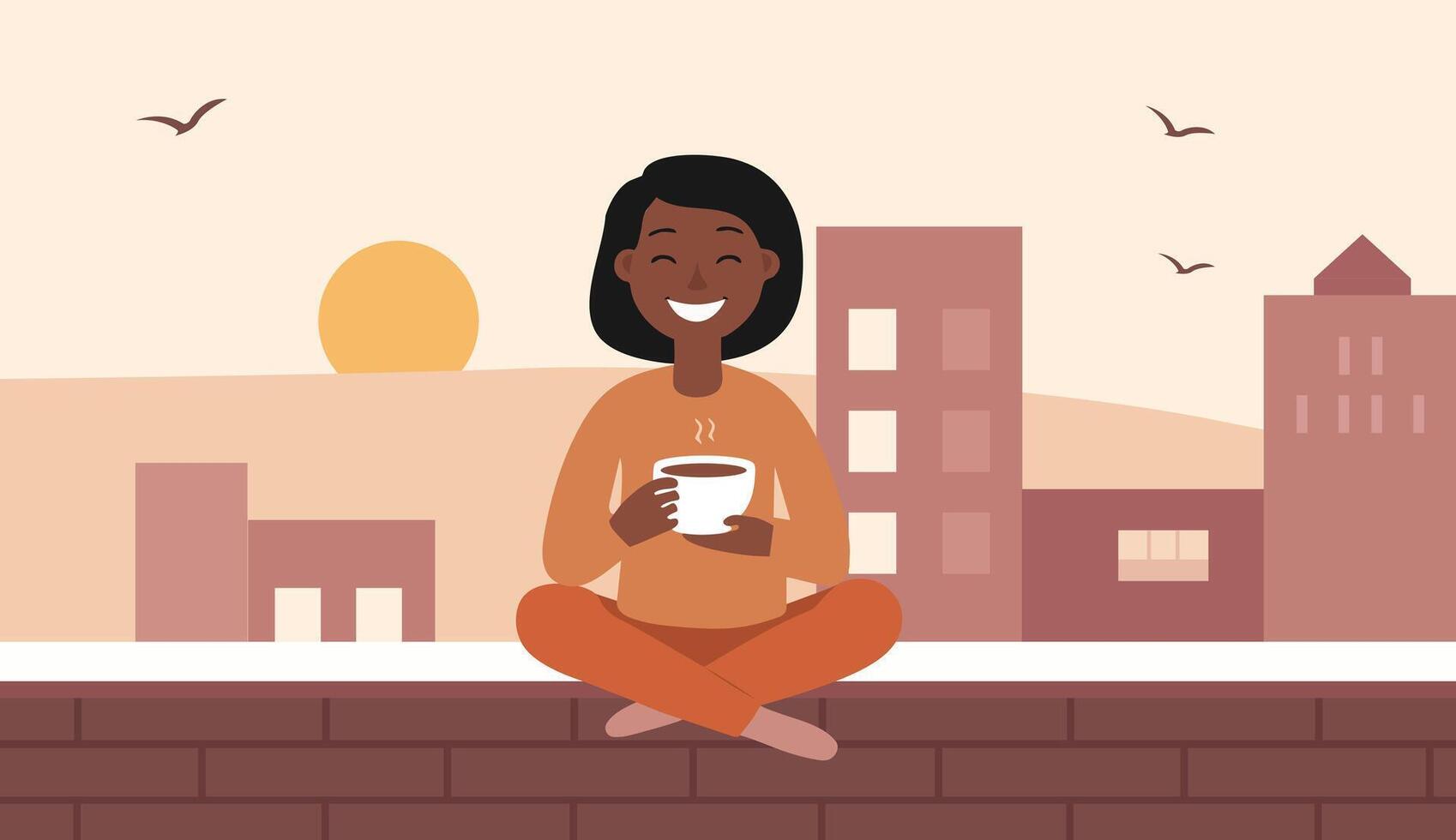 A minimalist flat illustration of a girl sitting on a rooftop at sunset, holding a cup of tea. Soft warm colors, simple background vector