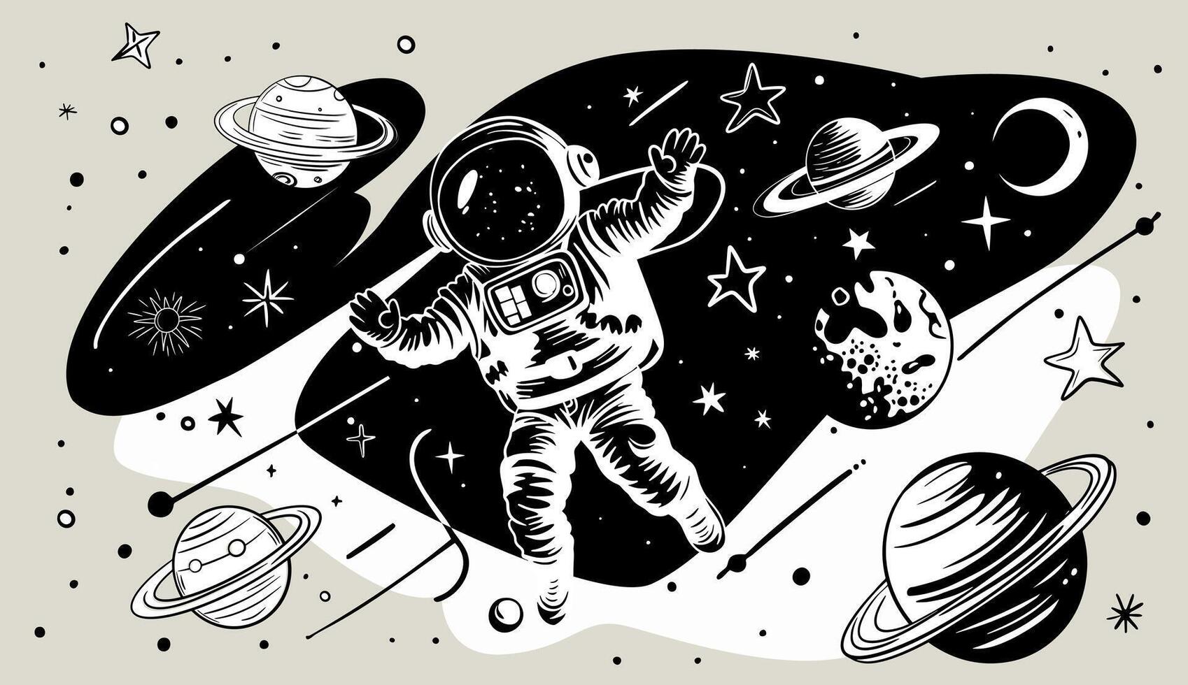 Minimalist flat illustration of outer space with an astronaut in doodle style. Monochrome Simple linework with space elements. vector