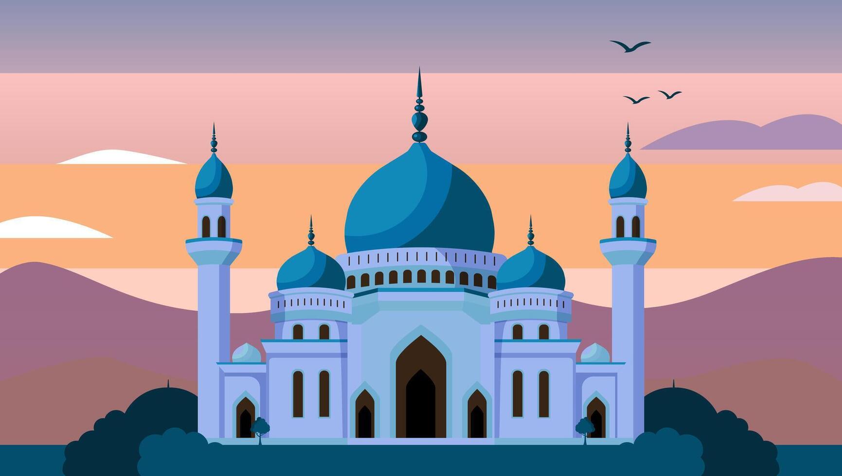Minimalist flat illustration of the blue mosque at sunset. Islamic design, element. vector