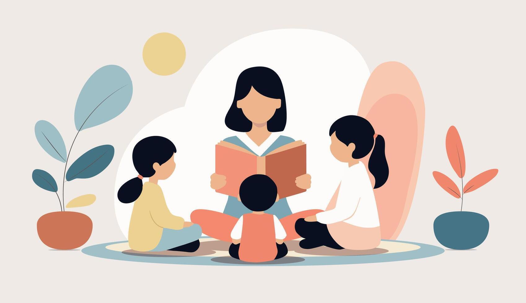 Flat illustration of a female teacher reading a book to children. Cozy and bright playroom vector