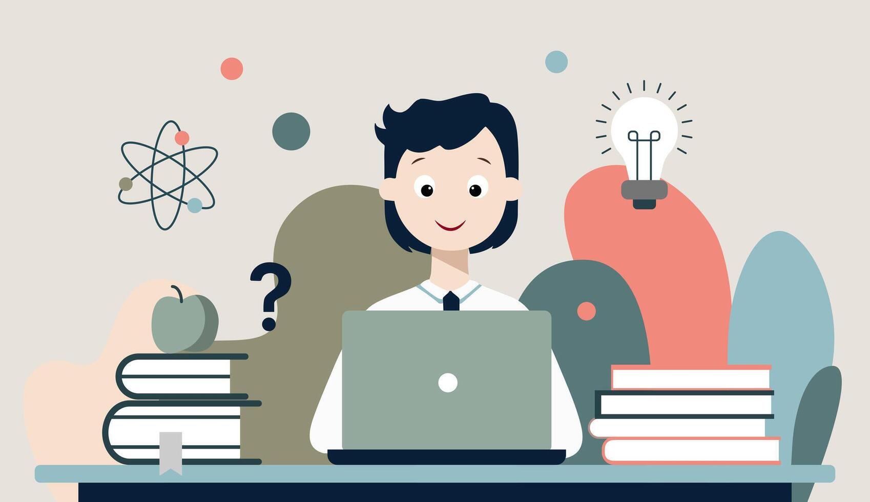 Flat illustration of a student sitting at a desk with a laptop and books. Simple educational symbols. Soft muted colors. vector