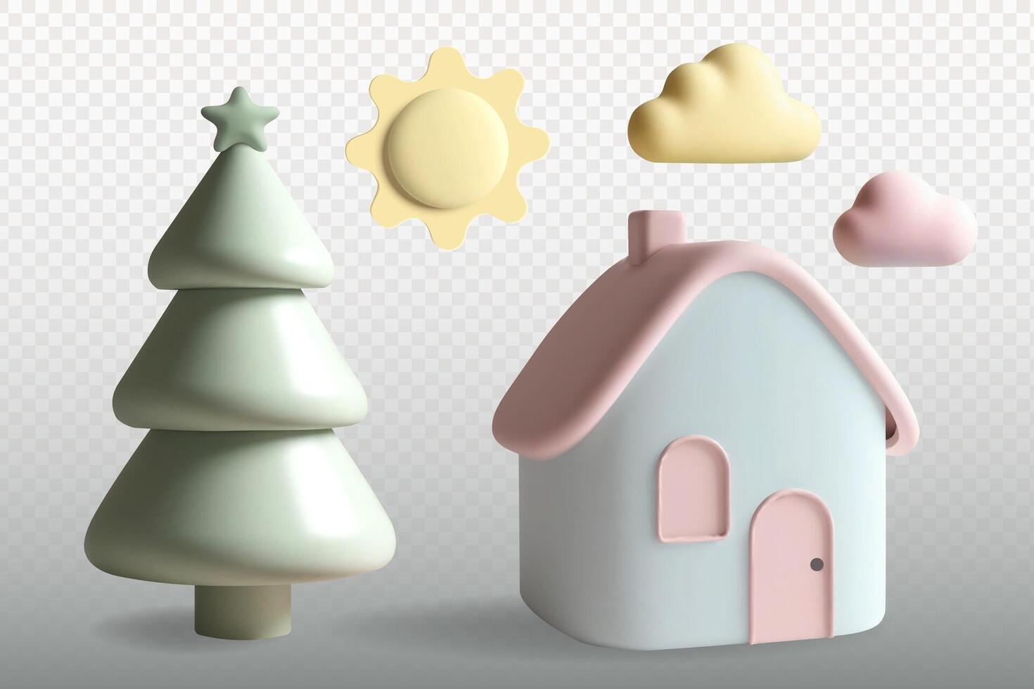3D nursery elements set. Pastel toys clouds, house, tree, sun. For kids room decoration. vector