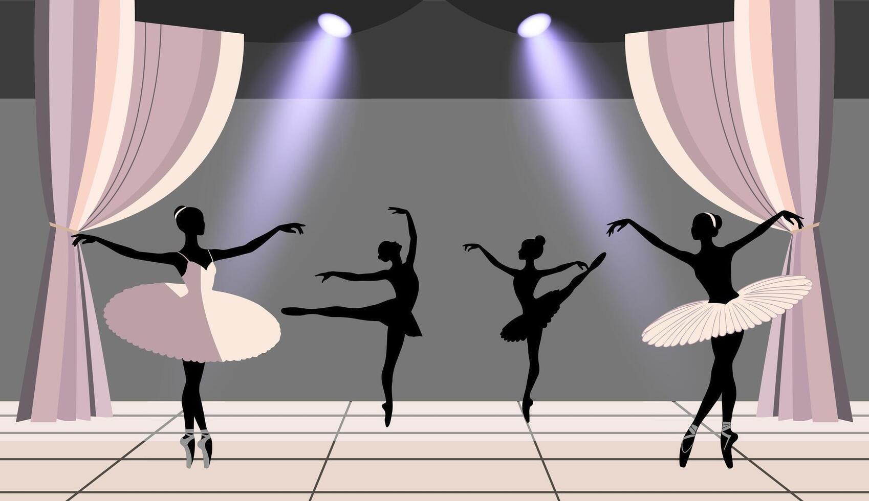 Silhouettes of ballerinas on the theater stage. Ballerinas in dynamic, elegant poses. Modern scene vector