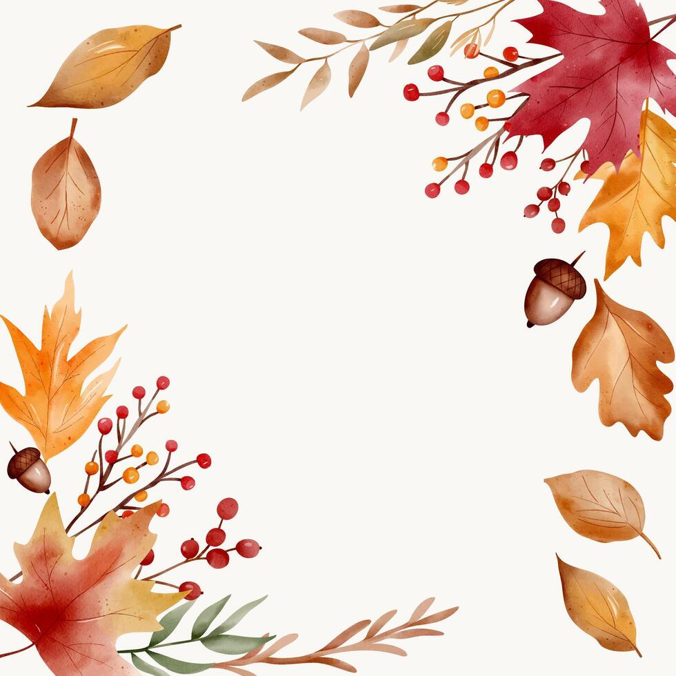 Golden fall watercolor frame. Hand painted autumn leaves border with blank area for text, quote or message vector