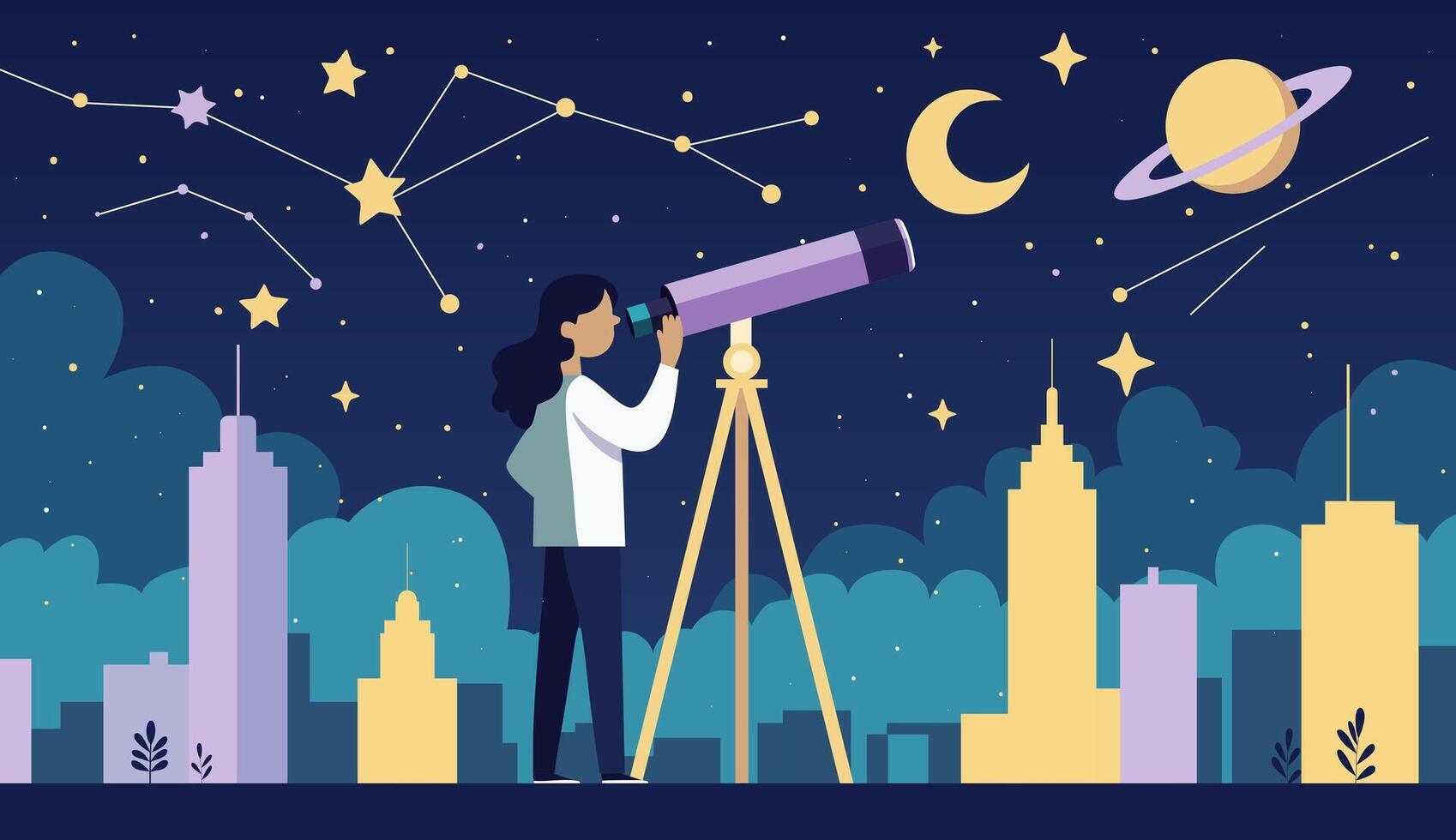 Minimalist flat illustration of a girl standing on a rooftop at night, looking through a telescope at the stars and planets. vector
