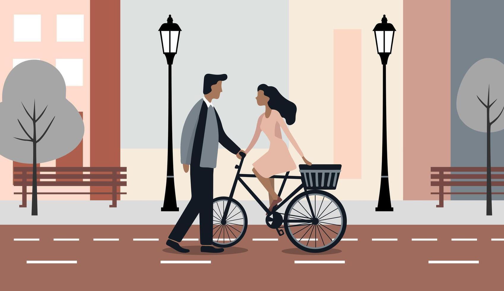 Minimalist flat illustration of a romantic scene. A man standing and a woman sitting on a bicycle. City background. vector