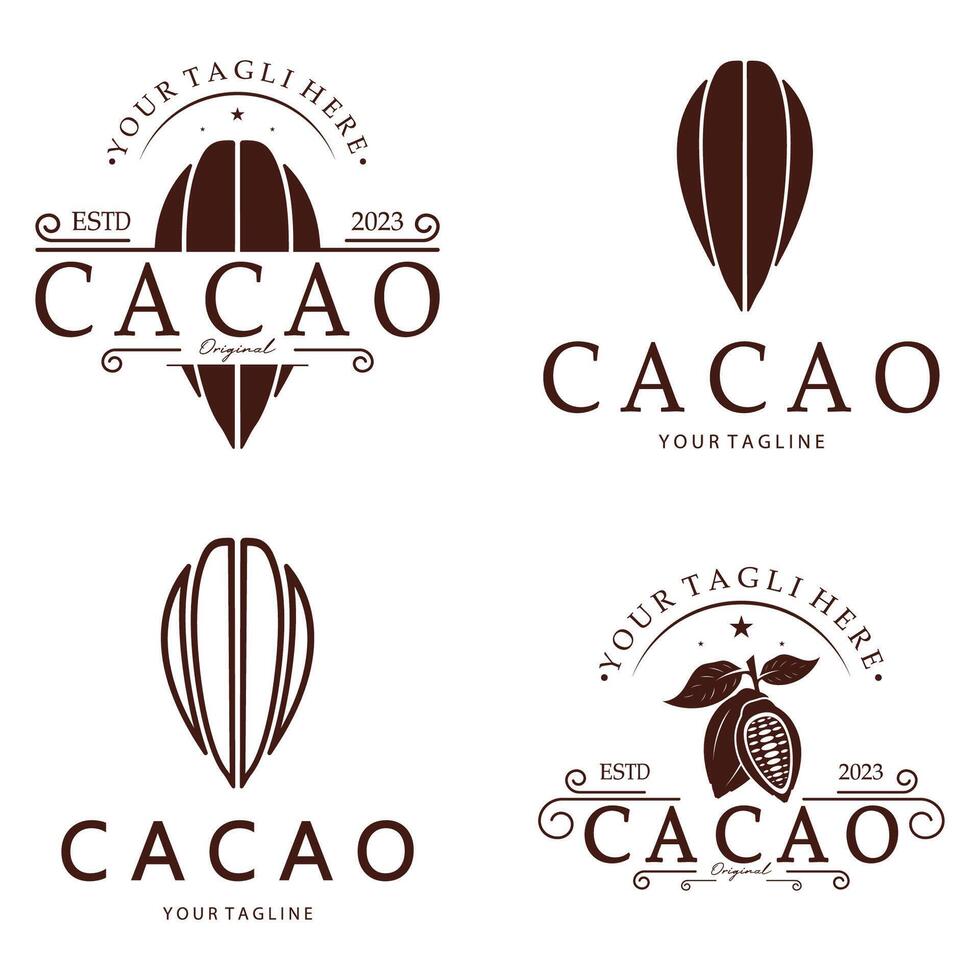 group cocoa logo,cocoa bean,cocoa tree,cocoa branches leaves,chocolate mix on white background,vintage,modern,simple,minimalist icon illustration template design vector