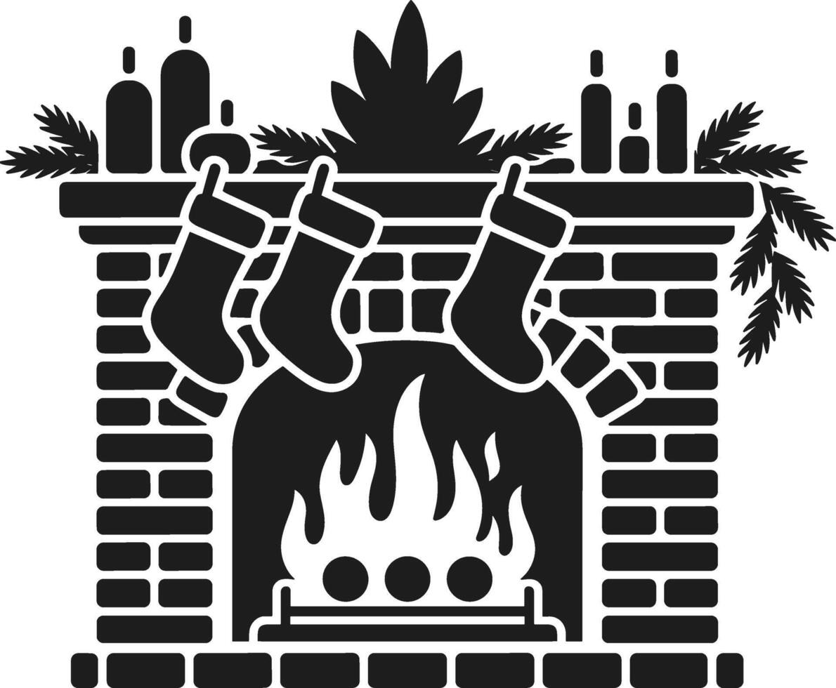 Festive Christmas Fireplace Silhouette with Stockings, Candles, and Holiday Decor vector