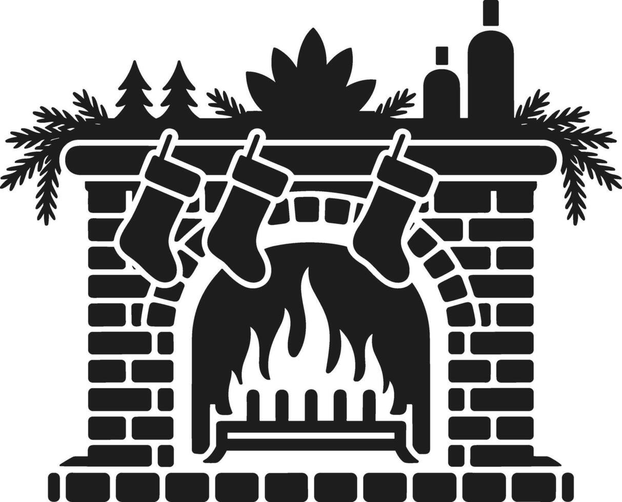 Cozy Christmas Fireplace Silhouette with Stockings and Holiday Decor vector