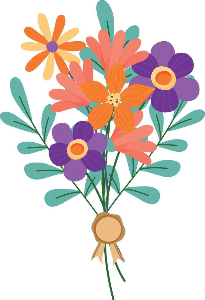 A colorful, stylized bouquet illustration featuring a mix of orange, purple, and yellow flowers with green leaves, all tied together with a ribbon seal. vector