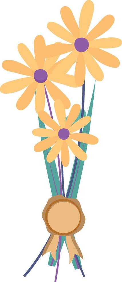 A colorful stylized illustration of a bouquet of orange flowers with green leaves, tied with a ribbon with a print. vector