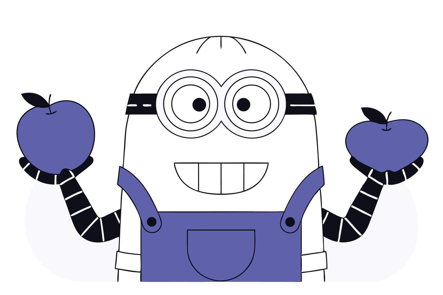 Cute minion character holding a fresh apple with a basket full of ripe apples in hand vector