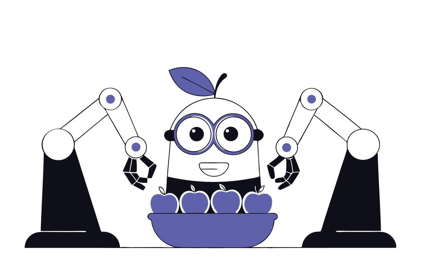 Happy minion character carrying an apple and a basket brimming with fresh apples vector