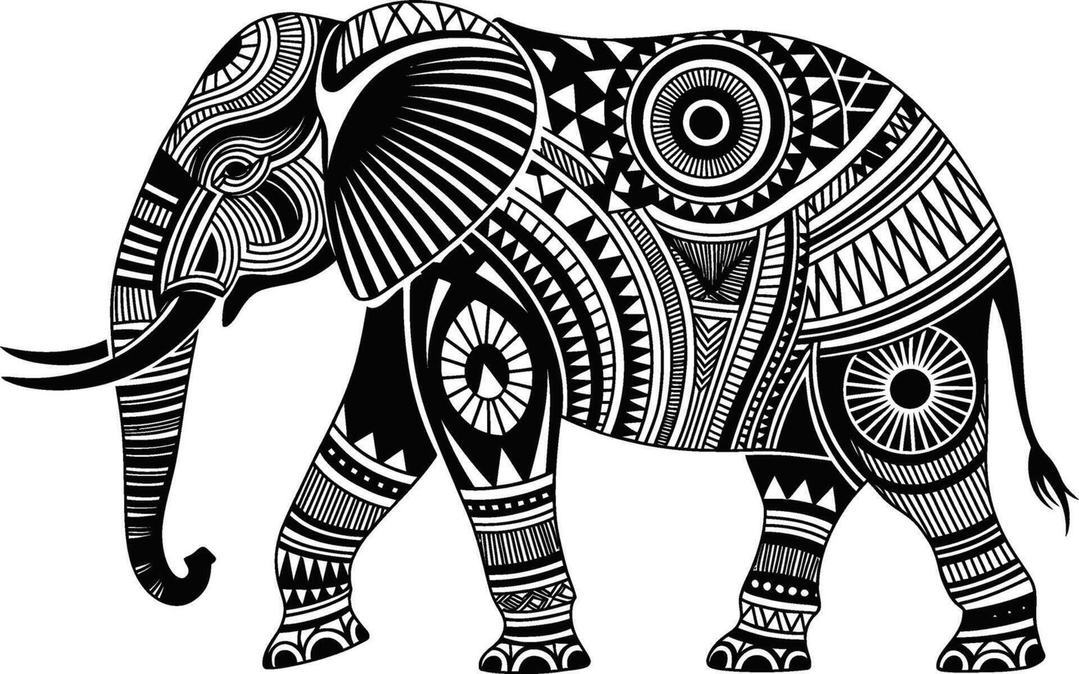Ornate elephant illustration with tribal geometric patterns in black and white vector