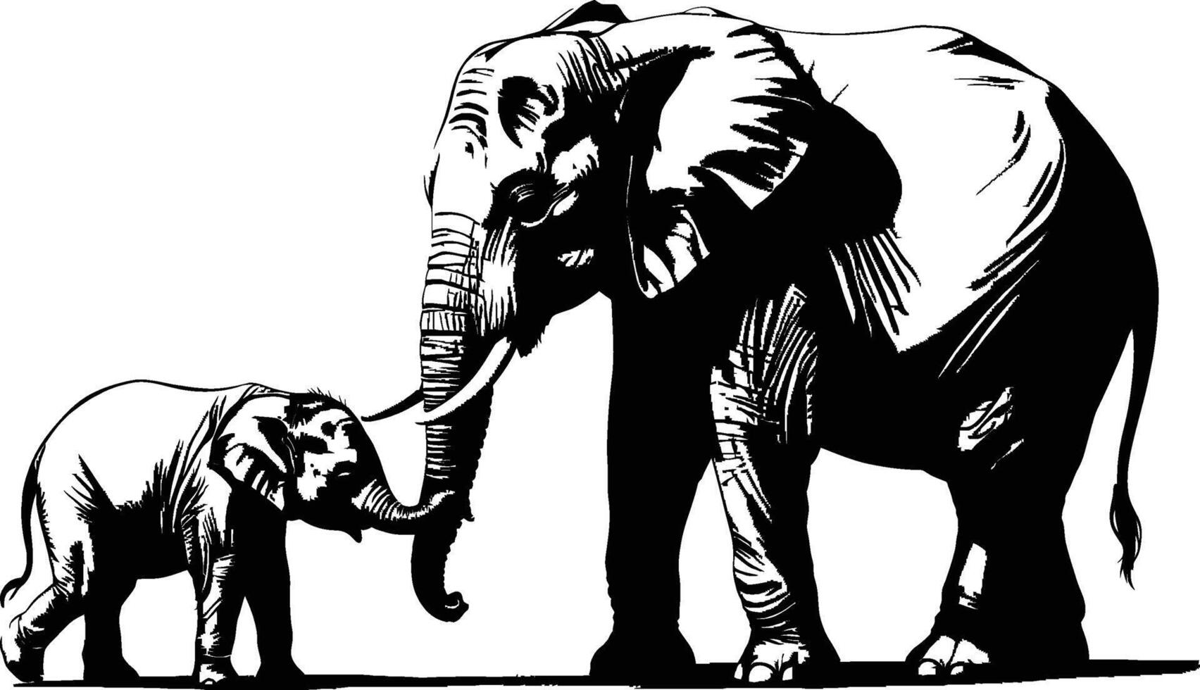 Black and white illustration of an elephant with its baby vector