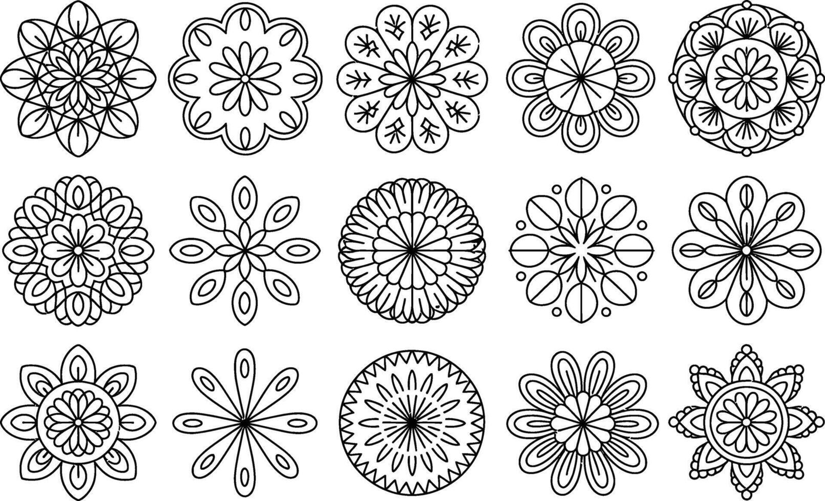 Collection of intricate floral mandalas in black and white outline vector