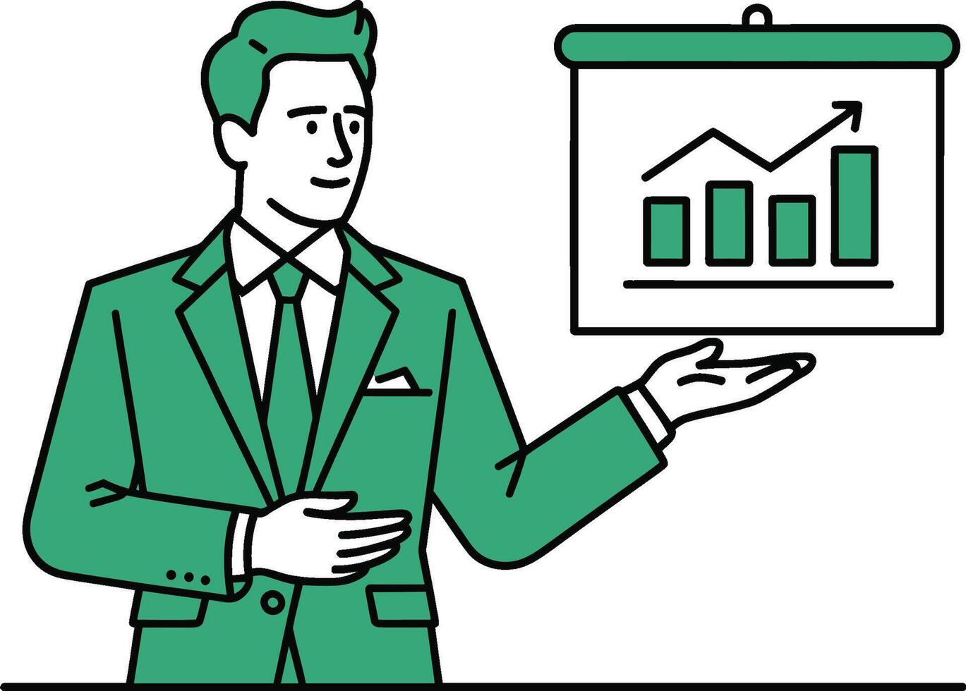 Businessman presenting financial growth chart on presentation board in modern line art vector