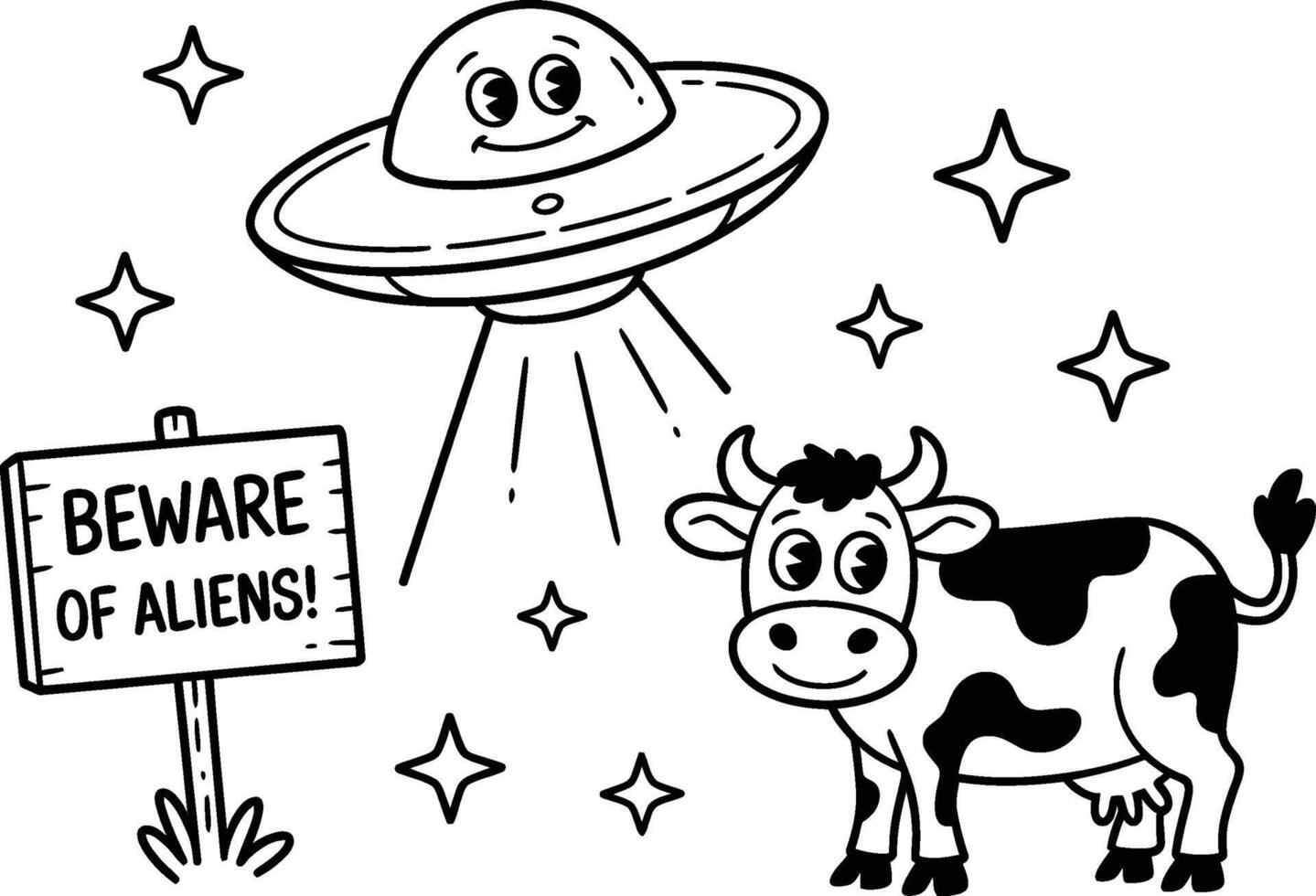 Alien abduction cartoon with cow and spaceship in black and white vector