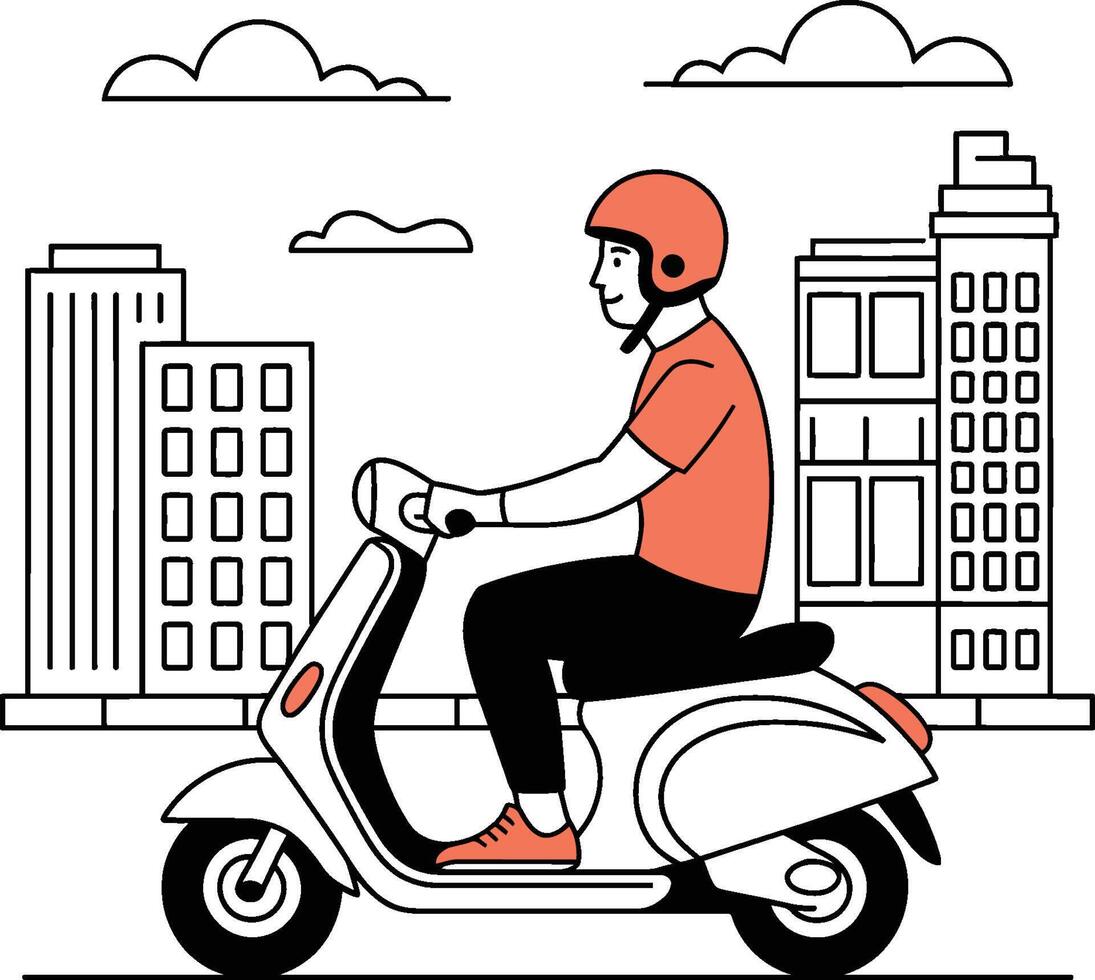 Minimalist illustration of man riding scooter in city with buildings vector