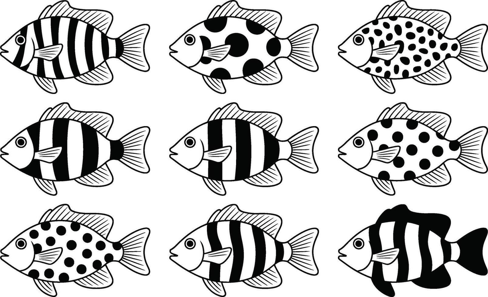 Black and white fish pattern with stripes and dots monochrome illustration vector